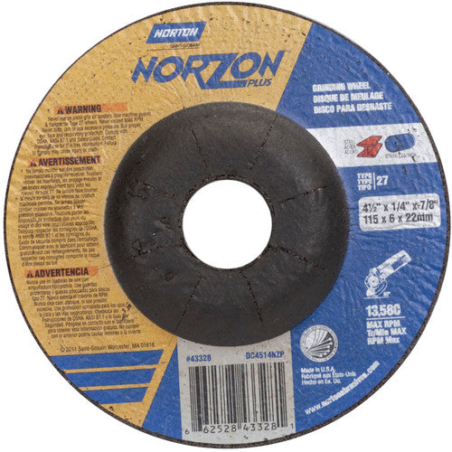 ‎4-1/2″ × 1/4″ × 7/8″ NorZon Plus Non-Woven Depressed Center Wheel Type 27 - USA Tool & Supply