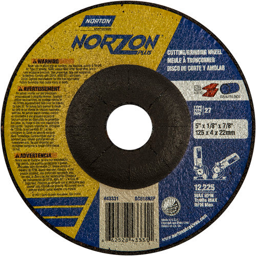 5″ × 1/8″ × 7/8″ NorZon Plus Non-Woven Depressed Center Wheel Type 27 Ceramic Alumina / Zirconia Alumina - USA Tool & Supply