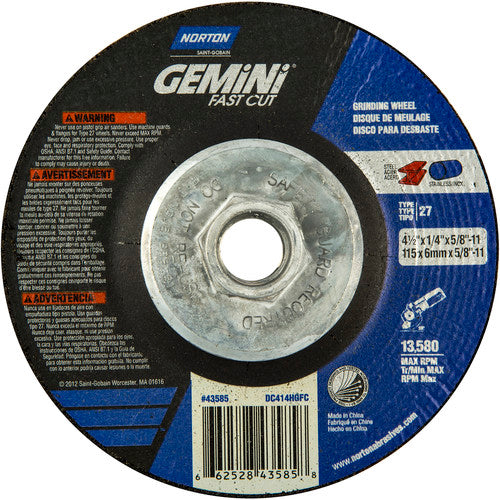 ‎4-1/2 × 1/4 × 5/8 - 11″ Gemini Fast Cut Grinding Wheel A 24 N BDA Type 27 - USA Tool & Supply