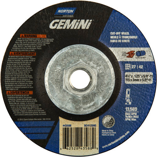 ‎4-1/2 x .125 × 5/8 - 11″ Gemini Cutting Wheel A 24 T BDA3 Type 27/42 - USA Tool & Supply