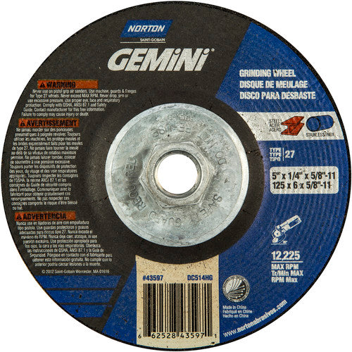 ‎5 × 1/4 × 5/8 - 11″ Gemini Grinding Wheel A 24 S BDA Type 27 - USA Tool & Supply