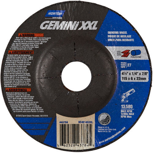 ‎4-1/2″ × 1/4″ × 7/8″ Gemini Depressed Center Wheel Type 27 Aluminum Oxide - USA Tool & Supply