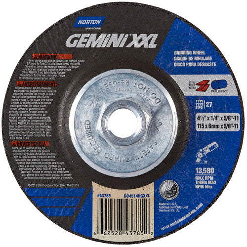 ‎4-1/2″ × 1/4″ × 5/8″-11 Gemini Depressed Center Wheel Type 27 Aluminum Oxide - USA Tool & Supply