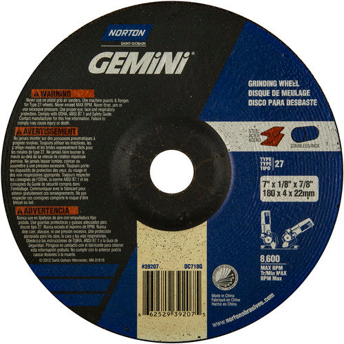 7 × 1/8 × 7/8″ Gemini Long Life Grinding Wheel A 24 R Type 27 - USA Tool & Supply