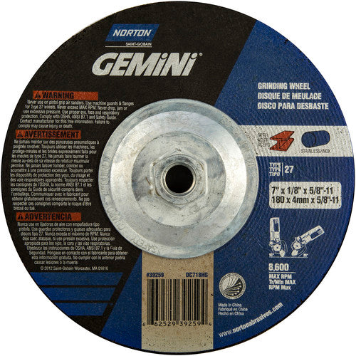 ‎7 × 1/8 × 5/8 - 11″ Gemini Long Life Grinding Wheel A 24 R Type 27 - USA Tool & Supply