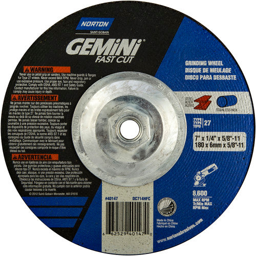 ‎7 × 1/4 × 5/8 - 11″ Gemini Fast Cut Grinding Wheel A 24 N Type 27 - USA Tool & Supply