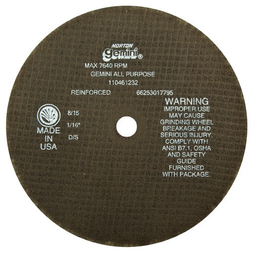 8″ × 0.060″ × 5/8″ Gemini Circular Saw Cut-Off Wheel Type 01 Straight 36 Grit Aluminum Oxide - USA Tool & Supply