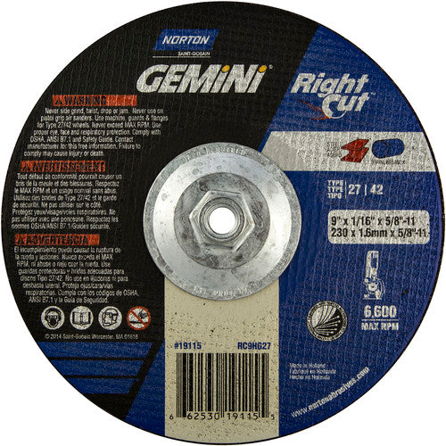 9″ × 0.060″ × 5/8″ Gemini Non-Woven Depressed Center Wheel Type 27 - USA Tool & Supply