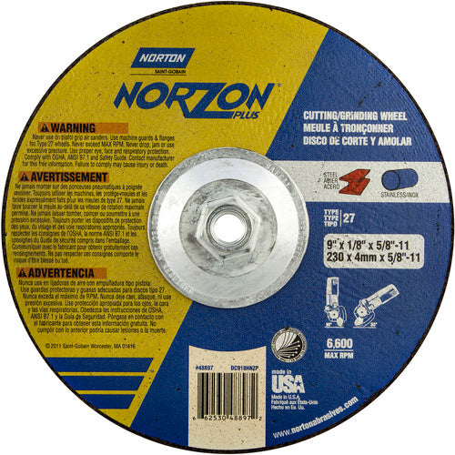 9″ × 1/8″ × 5/8″ NorZon Plus Non-Woven Depressed Center Wheel Type 27 - USA Tool & Supply