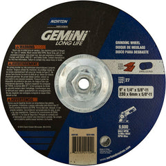 ‎9 × 1/4 × 5/8 - 11″ Gemini Long Life Grinding Wheel A 24 R Type 27 - USA Tool & Supply