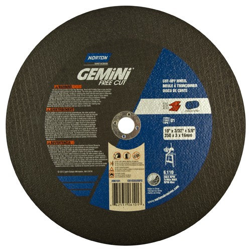 10″ × 0.09375″ × 5/8″ Gemini Stationary Saw Type 01 Straight Cut-Off Wheel Aluminum Oxide - USA Tool & Supply