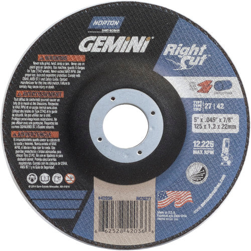 5″ × 0.045″ × 7/8″ Gemini Right Angle Cut-Off Wheel Type 27/42 Aluminum Oxide - USA Tool & Supply