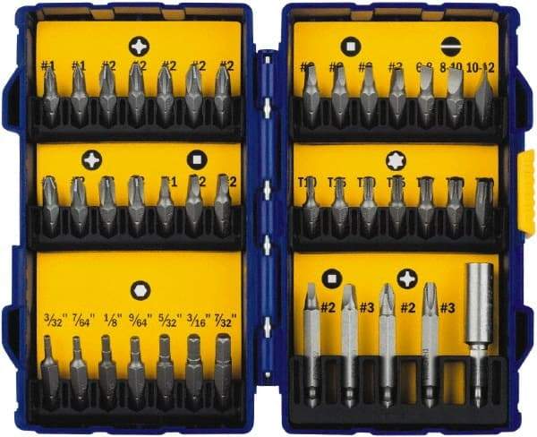 Irwin - 40 Piece, 1/4" Drive Screwdriver Bit Set - #1 to #3 Phillips, 0.05 to 1/4" Hex, 1.27 to 10mm Hex, T10 to T40 Torx - USA Tool & Supply