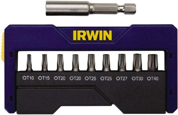 Irwin - 10 Piece, 1/4" Drive Screwdriver Insert Bit Set - 0.05 to 1/4" Hex, 1.27 to 10mm Hex, T10 to T40 Torx - USA Tool & Supply