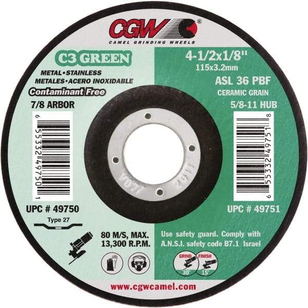 Camel Grinding Wheels - 36 Grit, 4-1/2" Wheel Diam, 1/8" Wheel Thickness, 7/8" Arbor Hole, Type 27 Depressed Center Wheel - Medium Grade, Aluminum Oxide, Resinoid Bond, 13,300 Max RPM - USA Tool & Supply