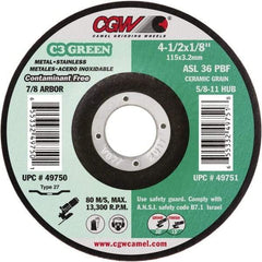 Camel Grinding Wheels - 36 Grit, 4-1/2" Wheel Diam, 1/8" Wheel Thickness, 7/8" Arbor Hole, Type 27 Depressed Center Wheel - Medium Grade, Aluminum Oxide, Resinoid Bond, 13,300 Max RPM - USA Tool & Supply