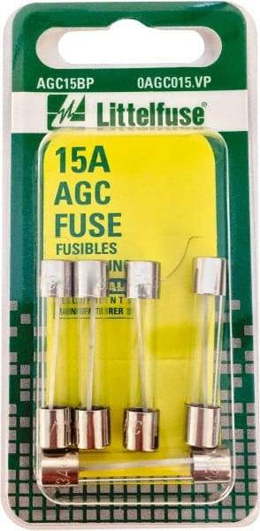 Value Collection - 32V AC/DC, 15 Amp, Fast-Acting Miniature Glass/Ceramic Fuse - 1-1/4" OAL, 1/4" Diam - USA Tool & Supply