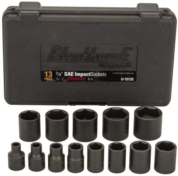 Blackhawk by Proto - 13 Piece 3/8" Drive Black Finish Impact Socket Set - 6 Points, 1/4" to 1" Range, Inch Measurement Standard - USA Tool & Supply