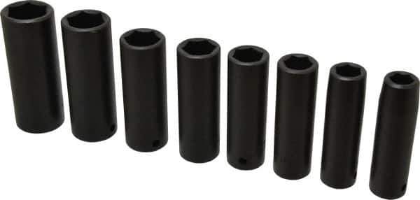 Proto - 8 Piece 1/2" Drive Black Finish Deep Well Impact Socket Set - 6 Points, 1/2" to 15/16" Range, Inch Measurement Standard - USA Tool & Supply