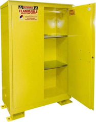 Securall Cabinets - 2 Door, 2 Shelf, Yellow Steel Standard Safety Cabinet for Flammable and Combustible Liquids - 69" High x 43" Wide x 18" Deep, Manual Closing Door, 3 Point Key Lock, 45 Gal Capacity - USA Tool & Supply