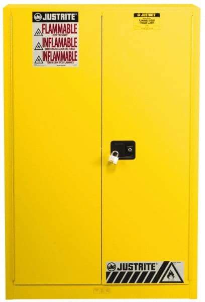 Justrite - 2 Door, 5 Shelf, Yellow Steel Standard Safety Cabinet for Flammable and Combustible Liquids - 65" High x 43" Wide x 18" Deep, Manual Closing Door, 3 Point Key Lock, 60 Gal Capacity - USA Tool & Supply