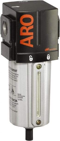 ARO/Ingersoll-Rand - 3/4" Port, 7.047" High x 2.874" Wide Standard Filter with Metal Bowl, Manual Drain - 216 SCFM, 250 Max psi, 175°F Max Temp, Sight Glass Included, Modular Connection, 2.4 oz Bowl Capacity - USA Tool & Supply