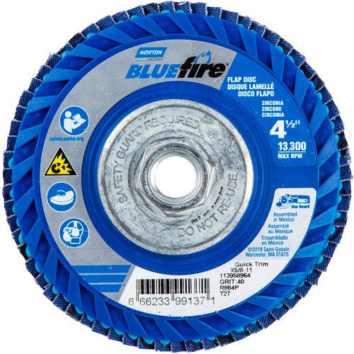 ‎4-1/2 × 5/8 - 11″ BlueFire Plastic Flat Flap Disc Type 27 P40 Grit R884P Zirconia Alumina - USA Tool & Supply