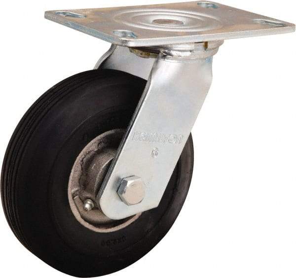 Hamilton - 6" Diam x 2" Wide, Rubber Swivel Caster - 300 Lb Capacity, Top Plate Mount, 4-1/2" x 6-1/4" Plate, Straight Roller Bearing - USA Tool & Supply