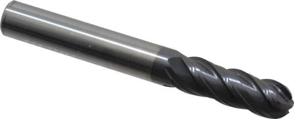 SGS - 3/8" Diam, 1-1/8" LOC, 4 Flute Solid Carbide Ball End Mill - AlTiN Finish, Single End, 3" OAL, 3/8" Shank Diam, Spiral Flute - USA Tool & Supply