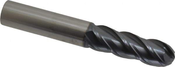 SGS - 3/4" Diam, 2-1/4" LOC, 4 Flute Solid Carbide Ball End Mill - AlTiN Finish, Single End, 5" OAL, 3/4" Shank Diam, Spiral Flute - USA Tool & Supply