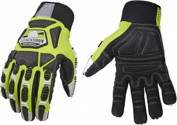 Youngstown - Size 3XL (12), ANSI Cut Lvl 4, Puncture Lvl 4, Abrasion Lvl 4, Cut & Puncture Resistant Gloves - Kevlar Lining, Slip-On Cuff, Hi-Vis Lime/Black, Paired - USA Tool & Supply