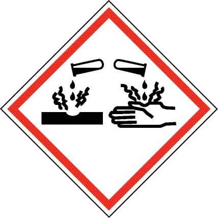 NMC - Hazardous Materials Label, Header: Corrosive Warning - Legend: GHS - Graphic, English, Black & Red, 2" Long x 2" High, No Coating - USA Tool & Supply