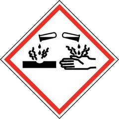 NMC - Hazardous Materials Label, Header: Corrosive Warning - Legend: GHS - Graphic, English, Black & Red, 2" Long x 2" High, No Coating - USA Tool & Supply