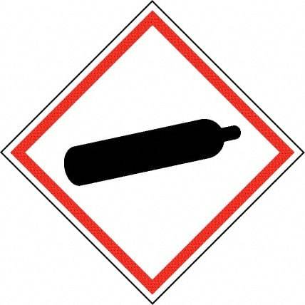 NMC - Hazardous Materials Label, Header: Compressed Gas Warning - Legend: GHS - Graphic, English, Black & Red, 2" Long x 2" High, No Coating - USA Tool & Supply