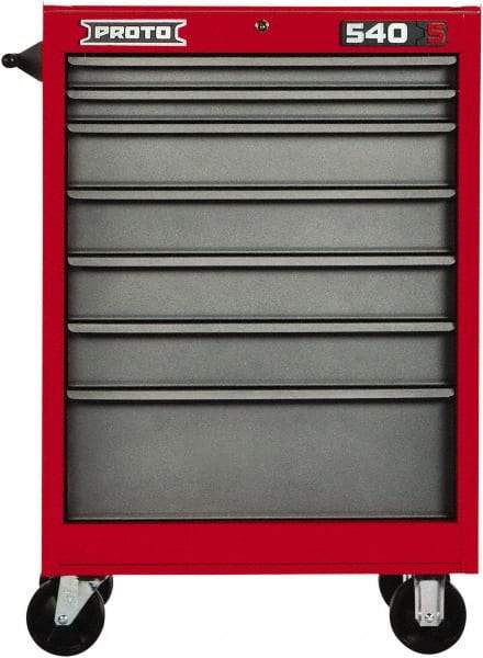 Proto - 7 Drawer Steel Tool Roller Cabinet - 27" Wide x 52" High x 18" Deep, Ball Bearing Drawer Slides, Safety Red/Gray - USA Tool & Supply