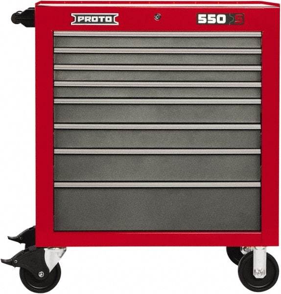 Proto - 8 Drawer 15,134 Lb Capacity Steel Tool Roller Cabinet - 34" Wide x 41" High x 25-1/4" Deep, Ball Bearing Drawer Slides, Safety Red/Gray - USA Tool & Supply