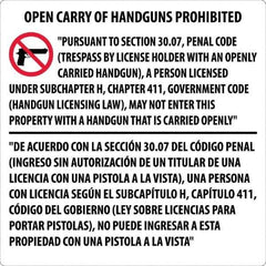 NMC - "Open Carry of Handguns Prohibited", 30" Long x 30" Wide, Aluminum Safety Sign - Square, 0.118" Thick, Use for Accident Prevention - USA Tool & Supply