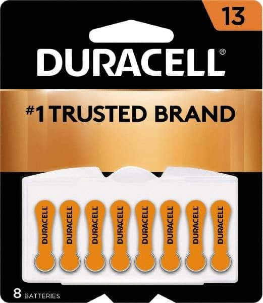 Duracell - Size 13, Zinc Air, 8 Pack, Hearing Aid Battery - 1.4 Volts, Flat Terminal, PR48, ANSI 7000ZD Regulated - USA Tool & Supply