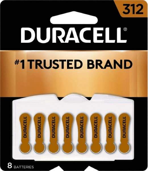 Duracell - Size 312, Zinc Air, 8 Pack, Hearing Aid Battery - 1.4 Volts, Flat Terminal, PR41, ANSI 7002ZD Regulated - USA Tool & Supply