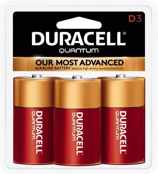 Duracell - Size D, Alkaline, 3 Pack, Standard Battery - 1.5 Volts, Button Tab Terminal, LR20, ANSI 13A Regulated - USA Tool & Supply