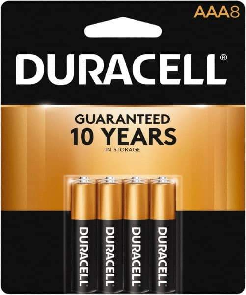 Duracell - Size AAA, Alkaline, 8 Pack, Standard Battery - 1.5 Volts, Button Tab Terminal, LR03, ANSI 24A Regulated - USA Tool & Supply