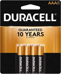 Duracell - Size AAA, Alkaline, 8 Pack, Standard Battery - 1.5 Volts, Button Tab Terminal, LR03, ANSI 24A Regulated - USA Tool & Supply