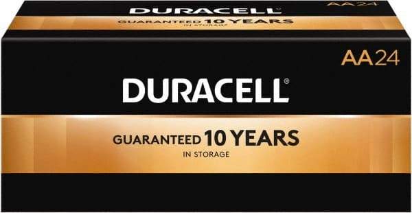 Duracell - Size AA, Alkaline, 24 Pack, Standard Battery - 1.5 Volts, Button Tab Terminal, LR6, ANSI 15A Regulated - USA Tool & Supply