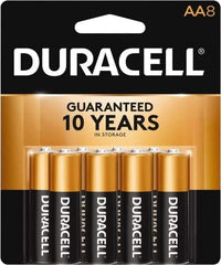 Duracell - Size AA, Alkaline, 8 Pack, Standard Battery - 1.5 Volts, Button Tab Terminal, LR6, ANSI 15A Regulated - USA Tool & Supply