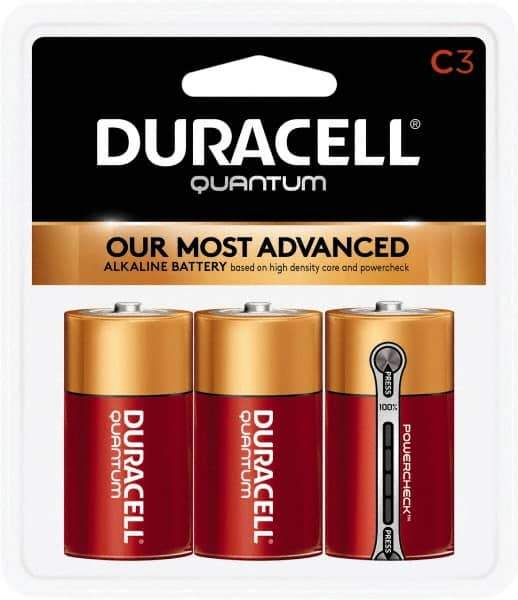 Duracell - Size C, Alkaline, 3 Pack, Standard Battery - 1.5 Volts, Button Tab Terminal, LR14, ANSI 14A Regulated - USA Tool & Supply