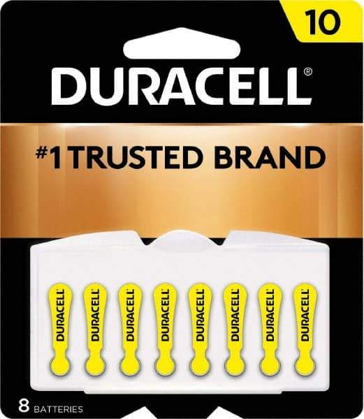 Duracell - Size 10, Zinc Air, 8 Pack, Hearing Aid Battery - 1.4 Volts, Flat Terminal, PR70, ANSI 7005ZD Regulated - USA Tool & Supply