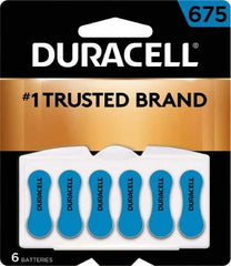 Duracell - Size 675, Zinc Air, 6 Pack, Hearing Aid Battery - 1.4 Volts, Flat Terminal, PR44, ANSI 7003ZD Regulated - USA Tool & Supply