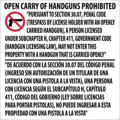 NMC - "Open Carry of Handguns Prohibited", 24" Long x 24" Wide, Rigid Plastic Safety Sign - Square, 0.05" Thick, Use for Accident Prevention - USA Tool & Supply