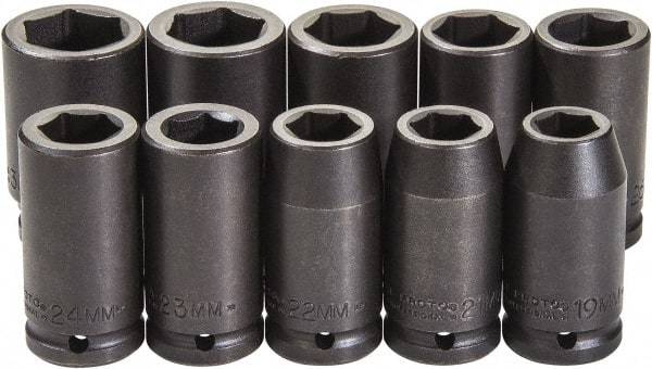 Proto - 10 Piece 3/4" Drive Black Finish Deep Well Impact Socket Set - 6 Points, 19mm to 33mm Range, Metric Measurement Standard - USA Tool & Supply