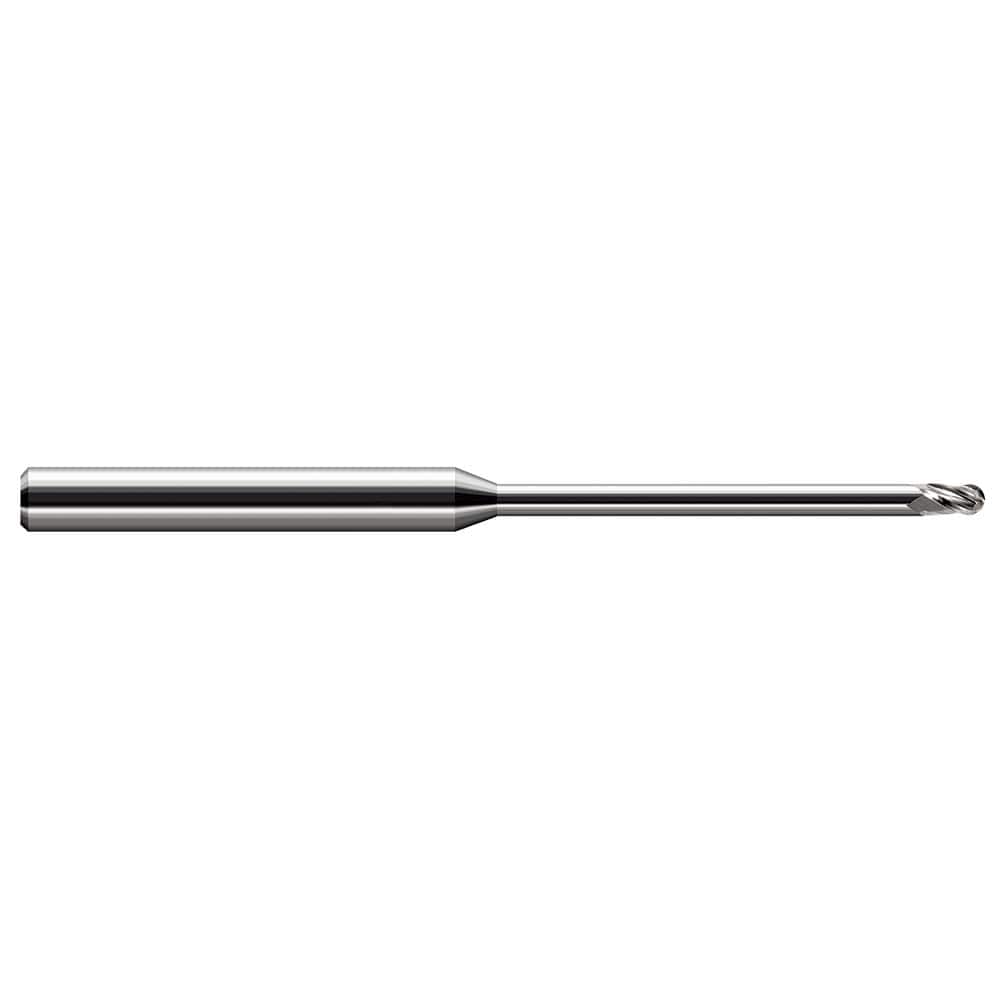 Ball End Mill: 0.01″ Dia, 0.015″ LOC, 3 Flute, Solid Carbide 2-1/2″ OAL, 1/8″ Shank Dia, 30 ° Helix, Uncoated, Single End